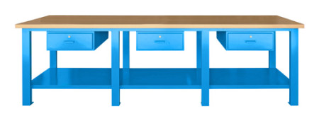 Werkbank Metall mit Holzplatte, 3.000 mm Breite, 3 Laden 